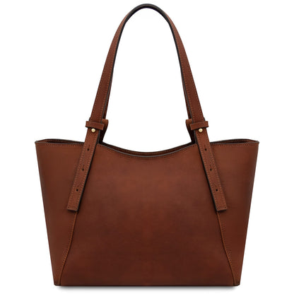 Brown Libra long-handled leather tote bag with a structured silhouette.