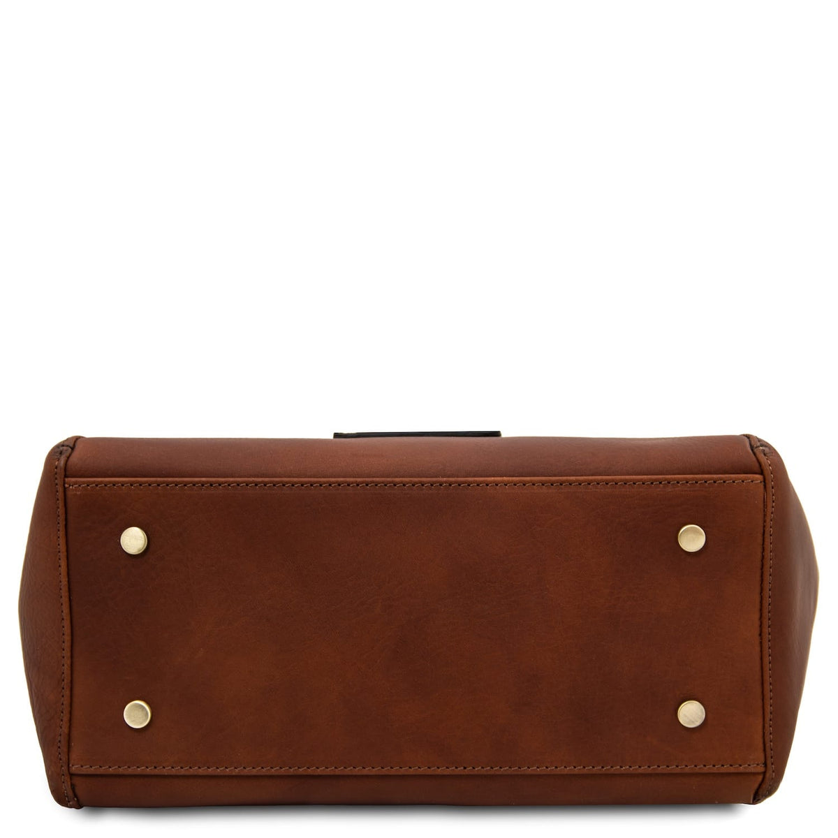 Bottom view of brown Libra leather tote showing four gold-toned studs and stitching.