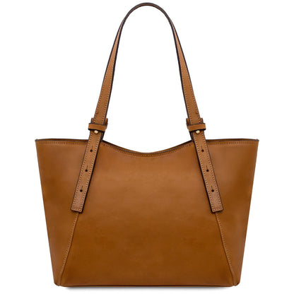 Side view of Libra tan leather tote with long buckled handles and stitched edges
