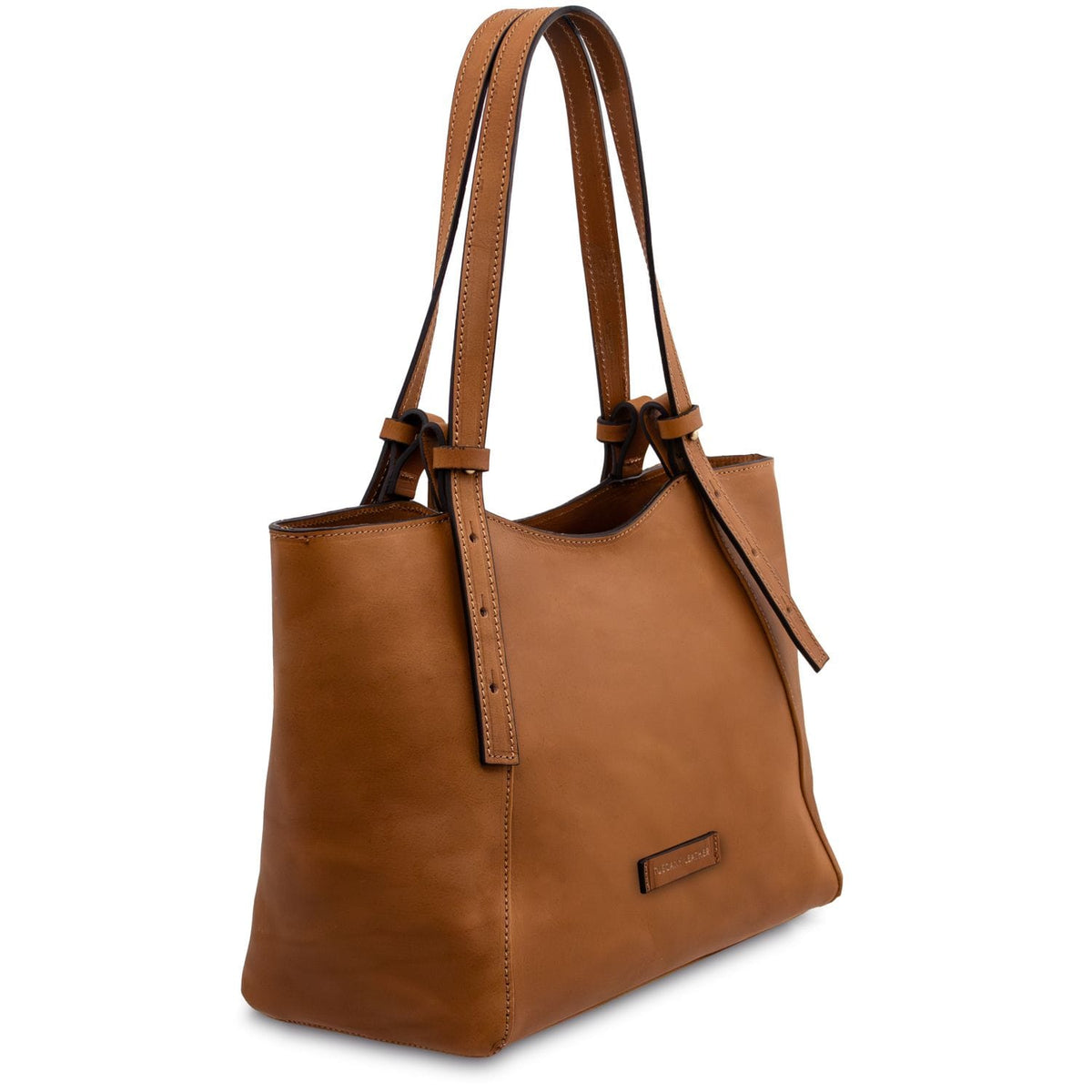 Libra tan leather tote with long dual handles and clean stitching