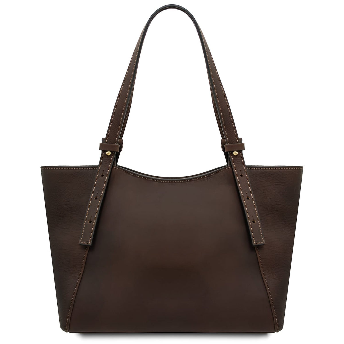 Dark brown Libra leather tote with long double handles and beige stitching, front view