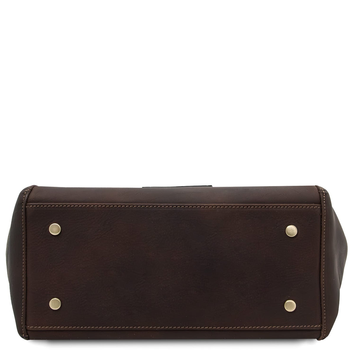 Bottom view of dark brown Libra tote showing gold metal feet and stitched edges