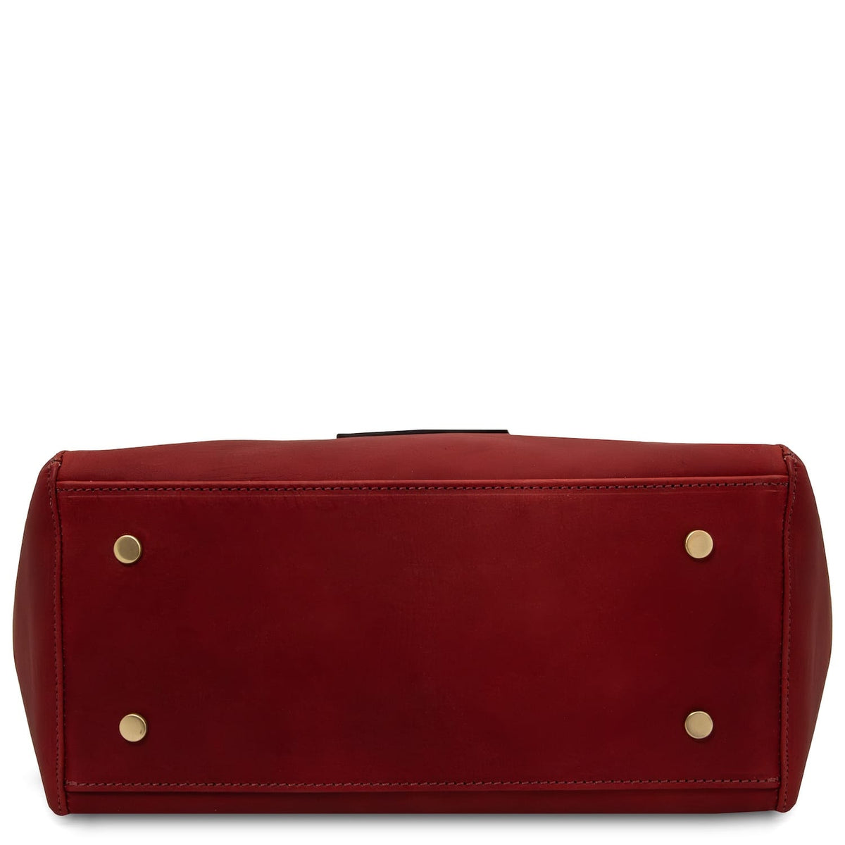 Bottom view of red Libra leather tote with four gold studs