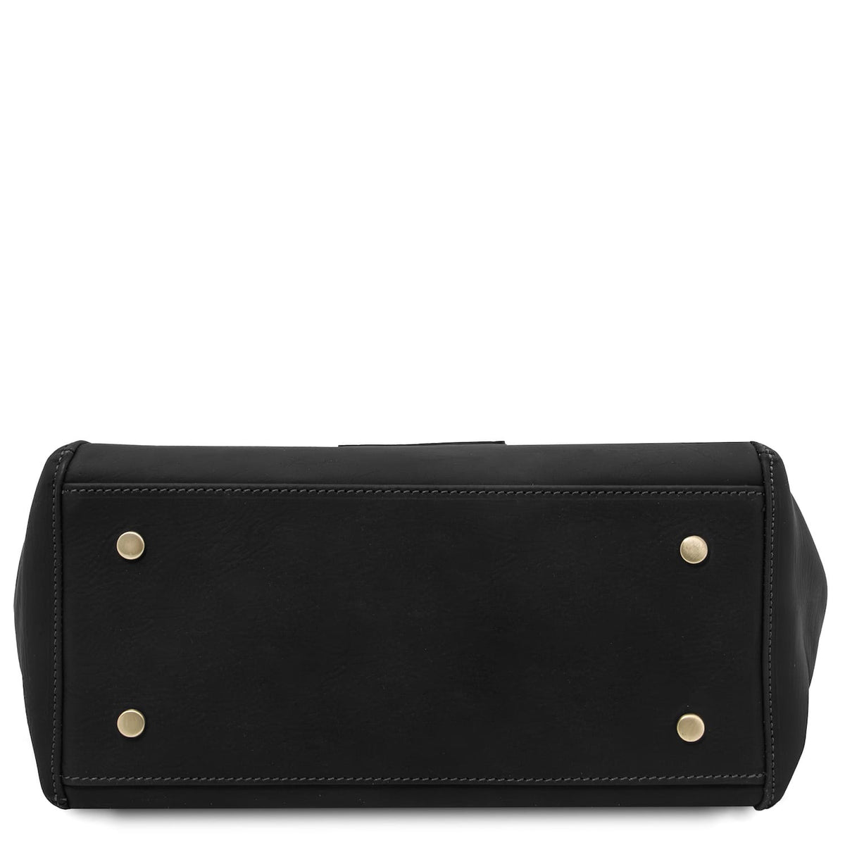 Bottom of black Libra tote with four gold studs.