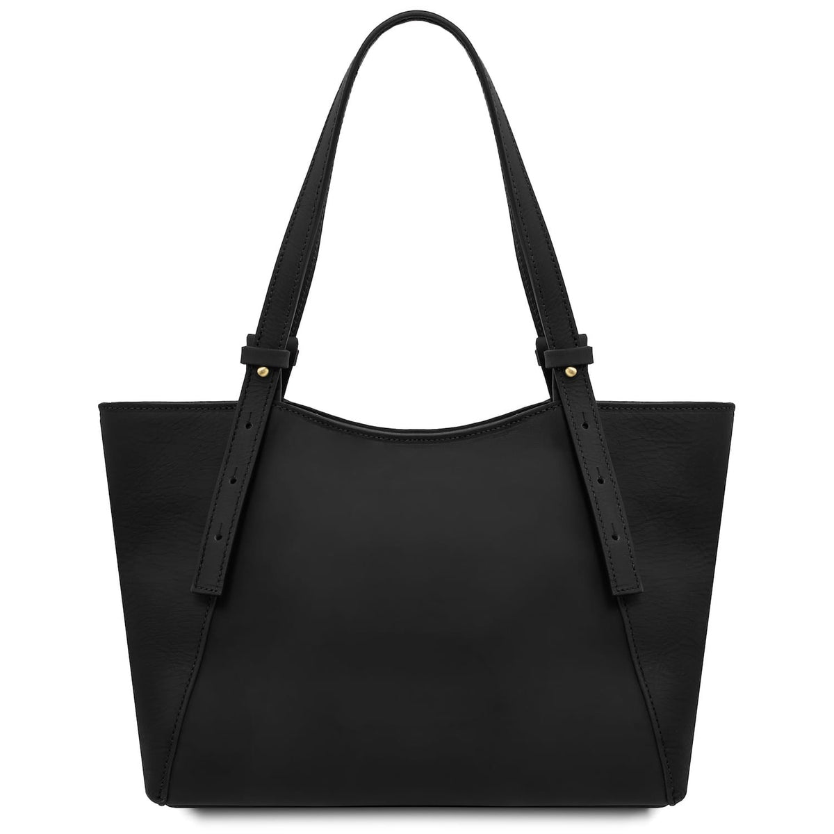 Three-quarter view of black Libra tote with long handles and minimalist leather design