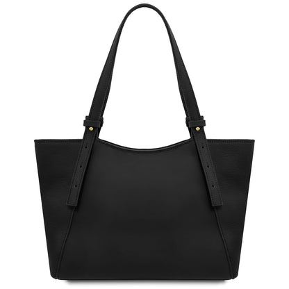 Three-quarter view of black Libra tote with long handles and minimalist leather design
