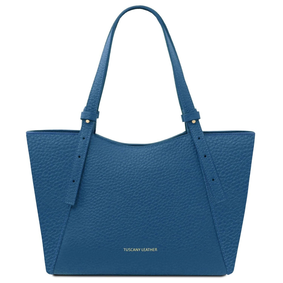 Blue pebbled leather Libra tote with long handles and subtle gold branding.