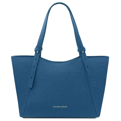 Blue pebbled leather Libra tote with long handles and subtle gold branding.