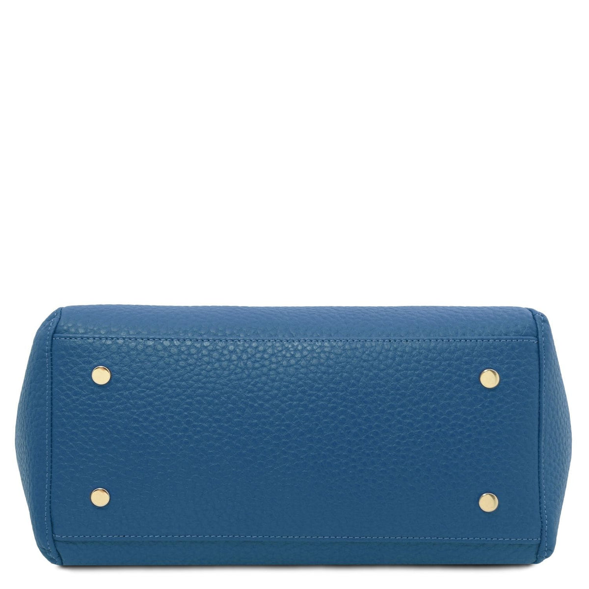 Blue Libra long handle leather tote seen from bottom with gold-tone studs