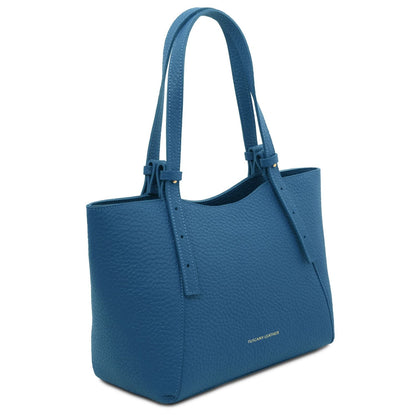 Libra long handle blue pebble leather tote with double straps and subtle gold hardware