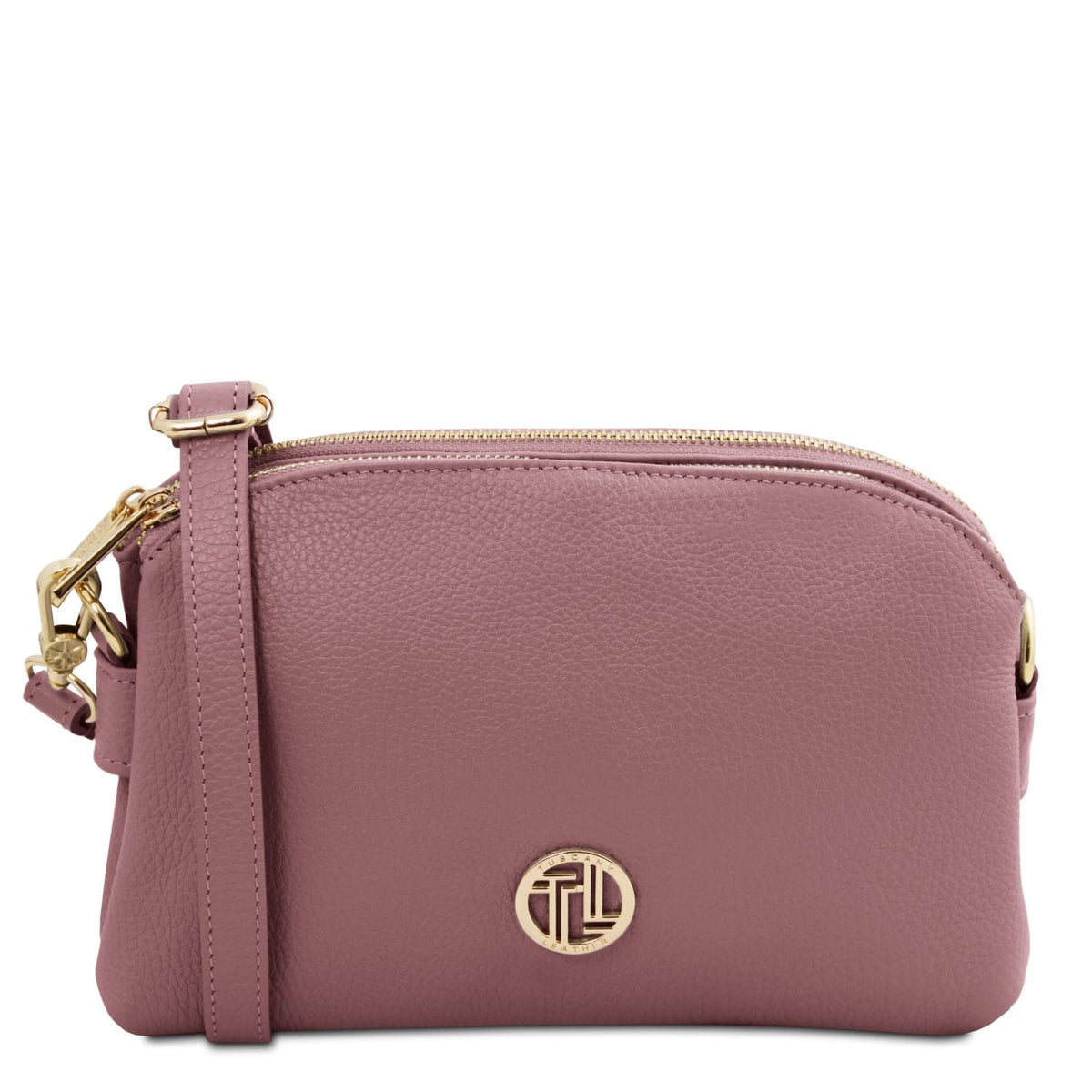 Lilac handbag with gold accents on a white background