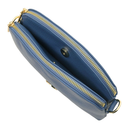 Blue Lily soft leather shoulder bag with dual gold zippers