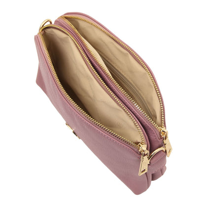 Lily soft leather shoulder bag in dusty pink with dual gold zippers and beige interior