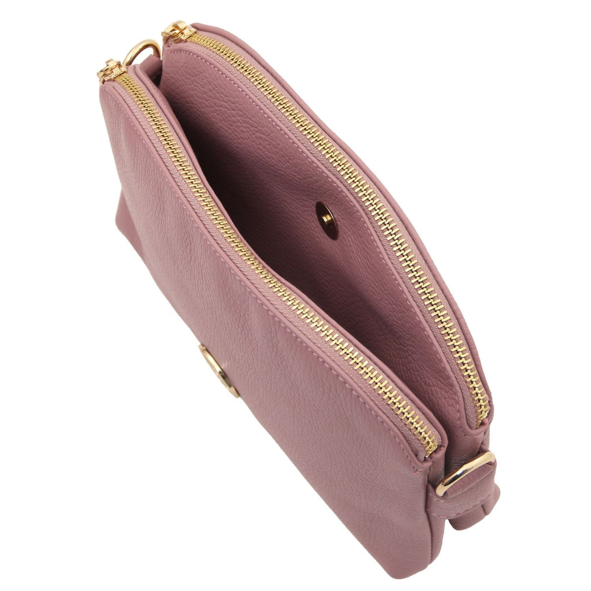 Top view of Lily mauve soft leather shoulder bag with two gold zippers and open interior