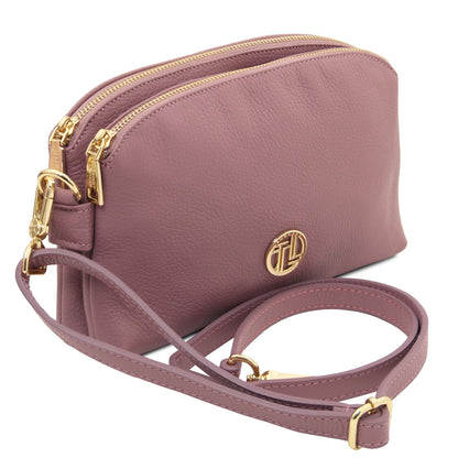 Lily soft leather shoulder bag in mauve with gold hardware and double zip top