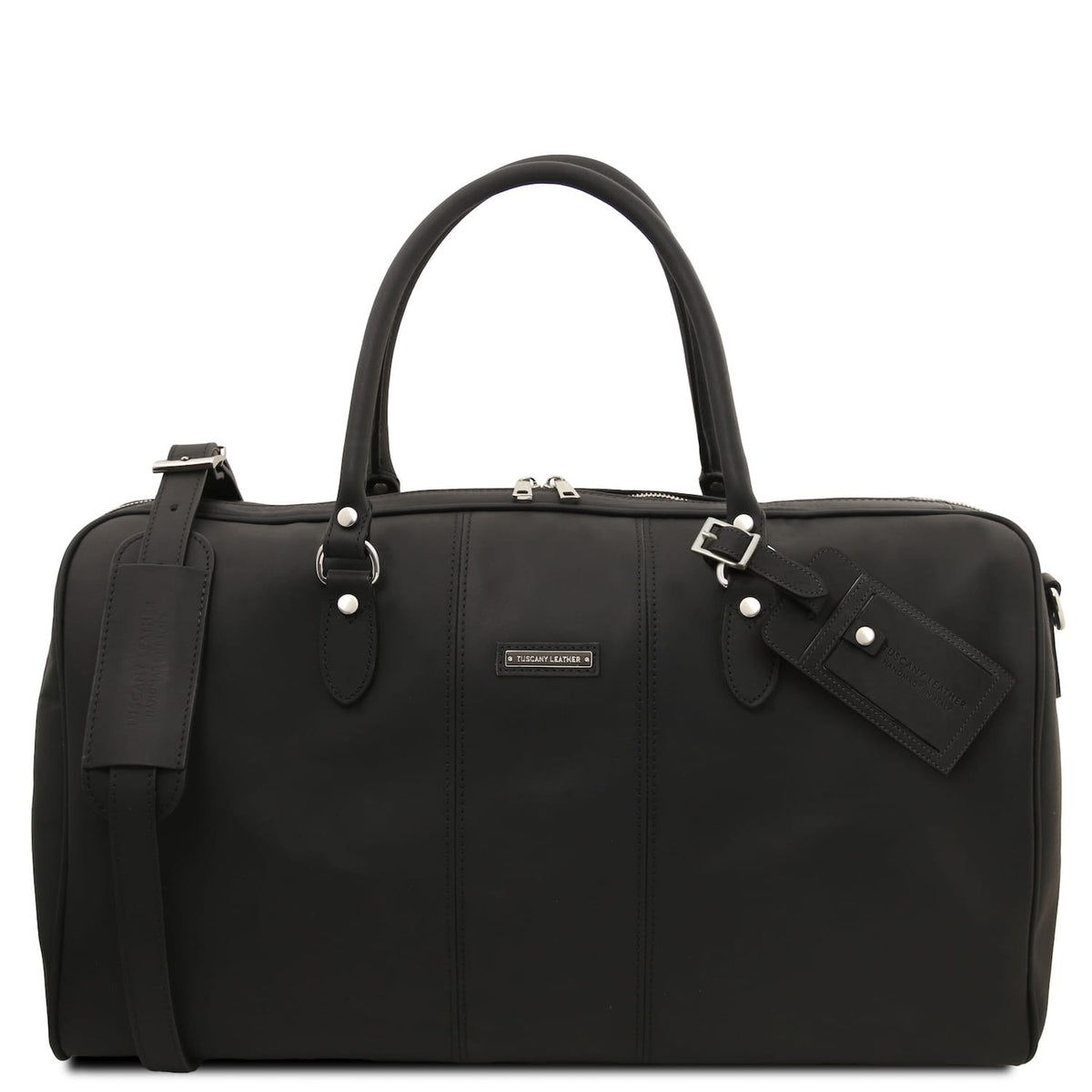 Noir Lisbona travel leather duffle with deux poignées supérieures and a bandoulière amovible