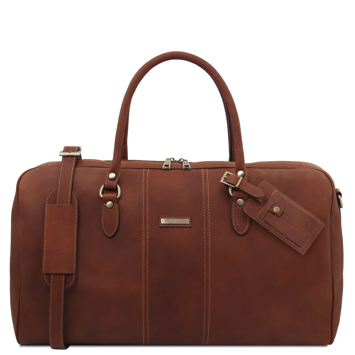 Marron Lisbona Travel Leather Duffle bag in large size with twin poignées supérieures and luggage tag