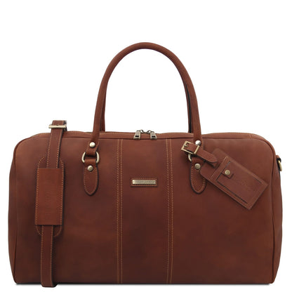 Marron Lisbona Travel Leather Duffle bag in large size with twin poignées supérieures and luggage tag