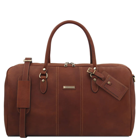 Marrone Lisbona Travel Leather Duffle bag in large size con twin manici superiori e luggage tag