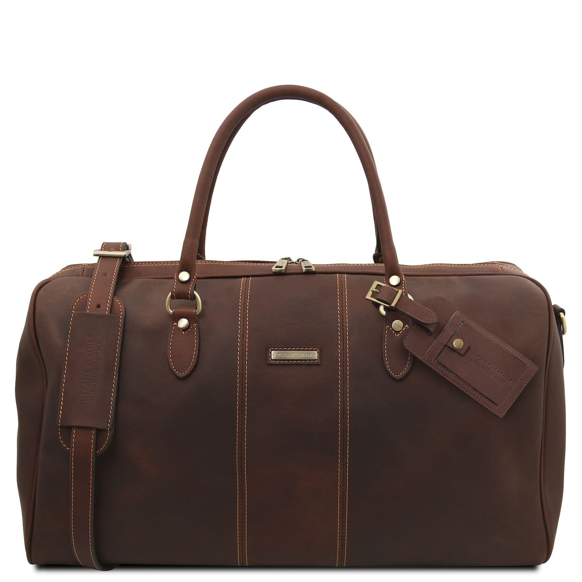 Lisbona large travel leather duffle bag in rich brown with deux poignées supérieures and brass hardware