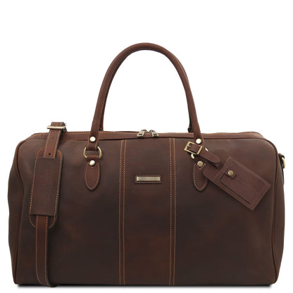 Lisbona large travel leather duffle bag in rich brown with deux poignées supérieures and brass hardware