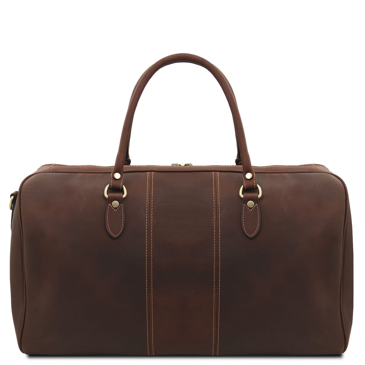Vue de face of Lisbona Travel Leather Duffle bag large size in brown leather with two handles and gold accents