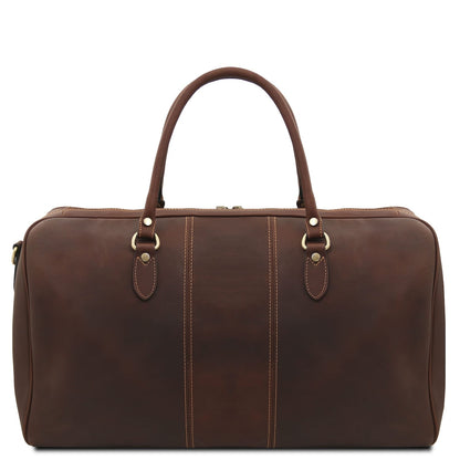 Vue de face of Lisbona Travel Leather Duffle bag large size in brown leather with two handles and gold accents