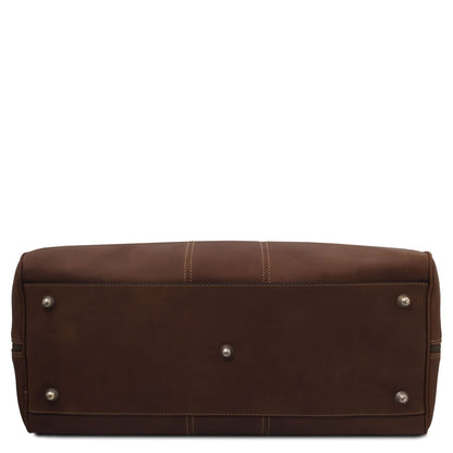 Marron Lisbona Travel Leather Duffle bag in large size with striped doublure beige and interior poche zippée