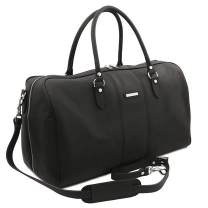 Lisbona large Travel Leather Duffle bag in black with deux poignées supérieures and a bandoulière amovible