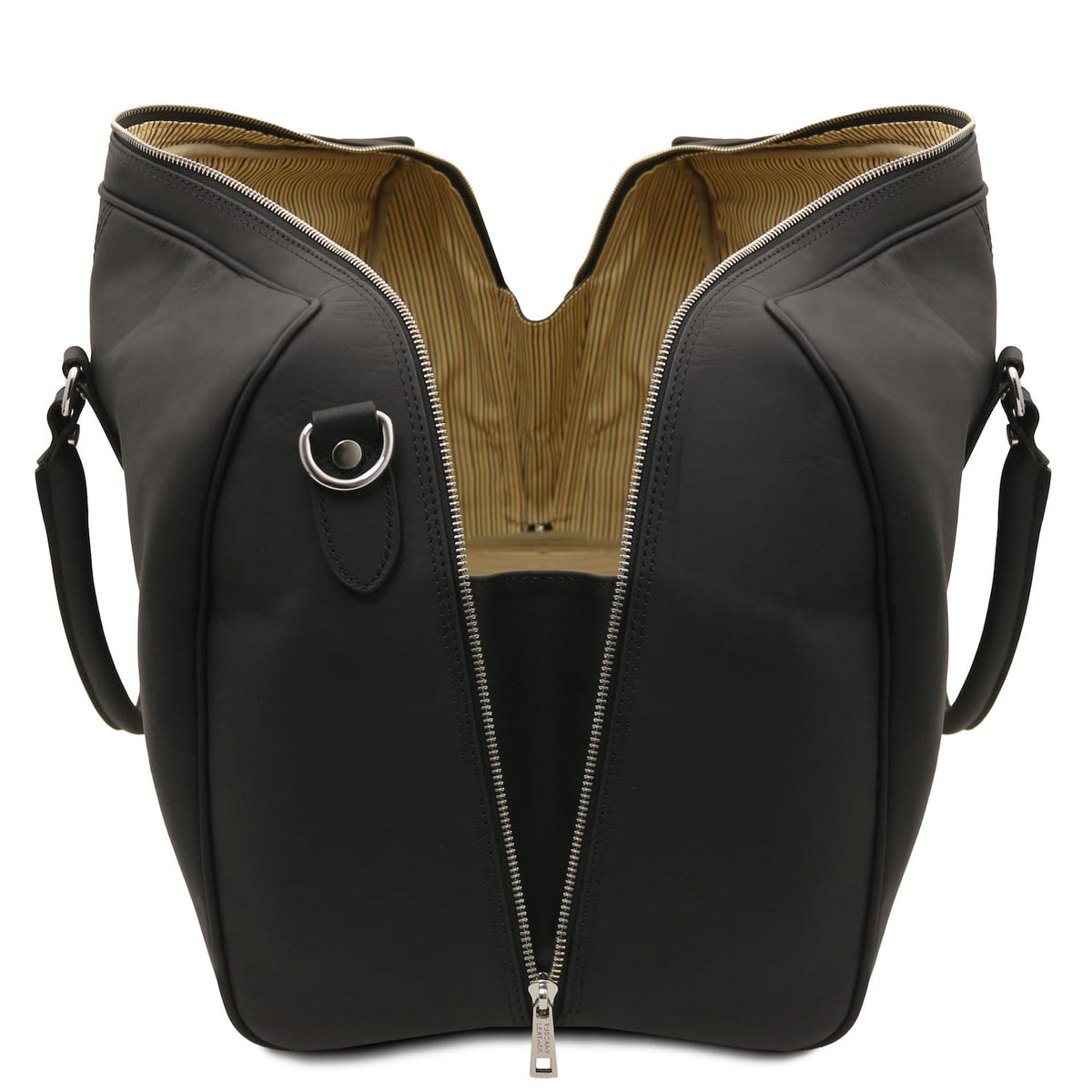 Grand sac de voyage Lisbona en cuir noir avec zips supérieurs ouverts révélant l’intérieur beige rayé