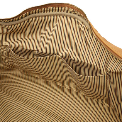 Vue intérieure of Lisbona large travel leather duffle with striped doublure beige and internal pockets