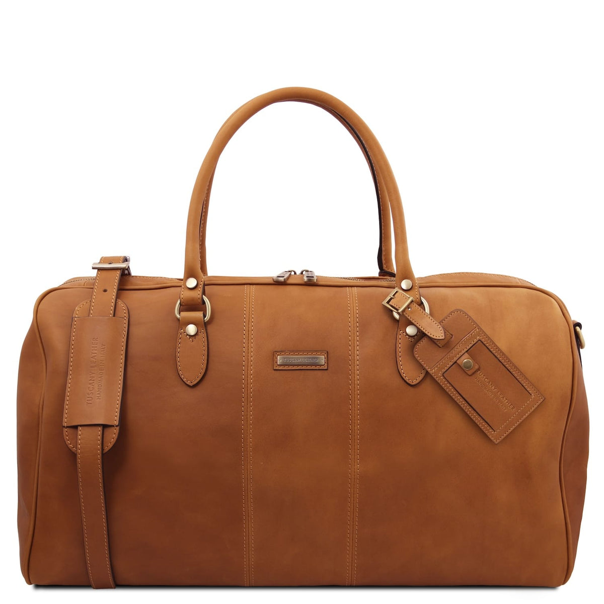 Lisbona travel leather duffle bag large size in cognac leather with deux poignées supérieures and luggage tag