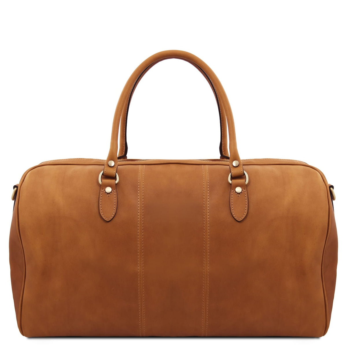 Lisbona large cognac travel leather duffle bag with deux poignées supérieures.
