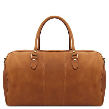 Lisbona large cognac travel leather duffle bag with deux poignées supérieures.