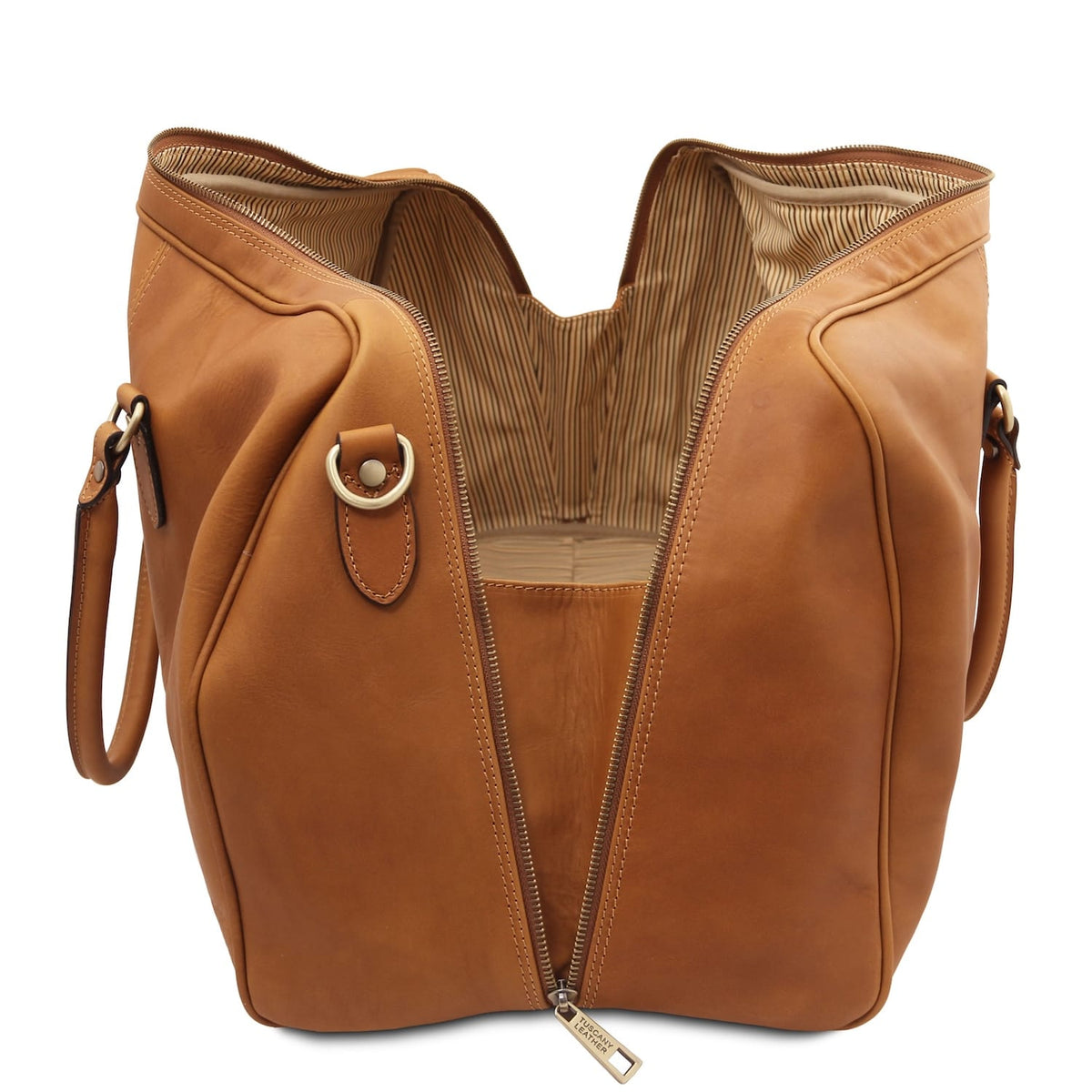 Ouvert top view of Lisbona Travel Leather Duffle bag large size showing striped interior and inner zipper pocket.