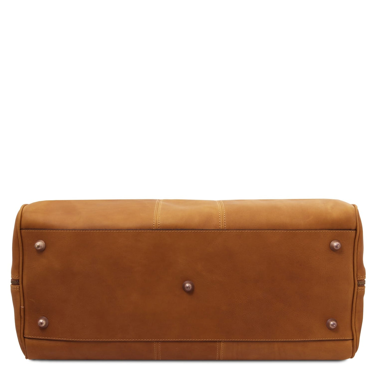 Vue du dessous of Lisbona Travel Leather Duffle bag large size in cognac with metal studs.