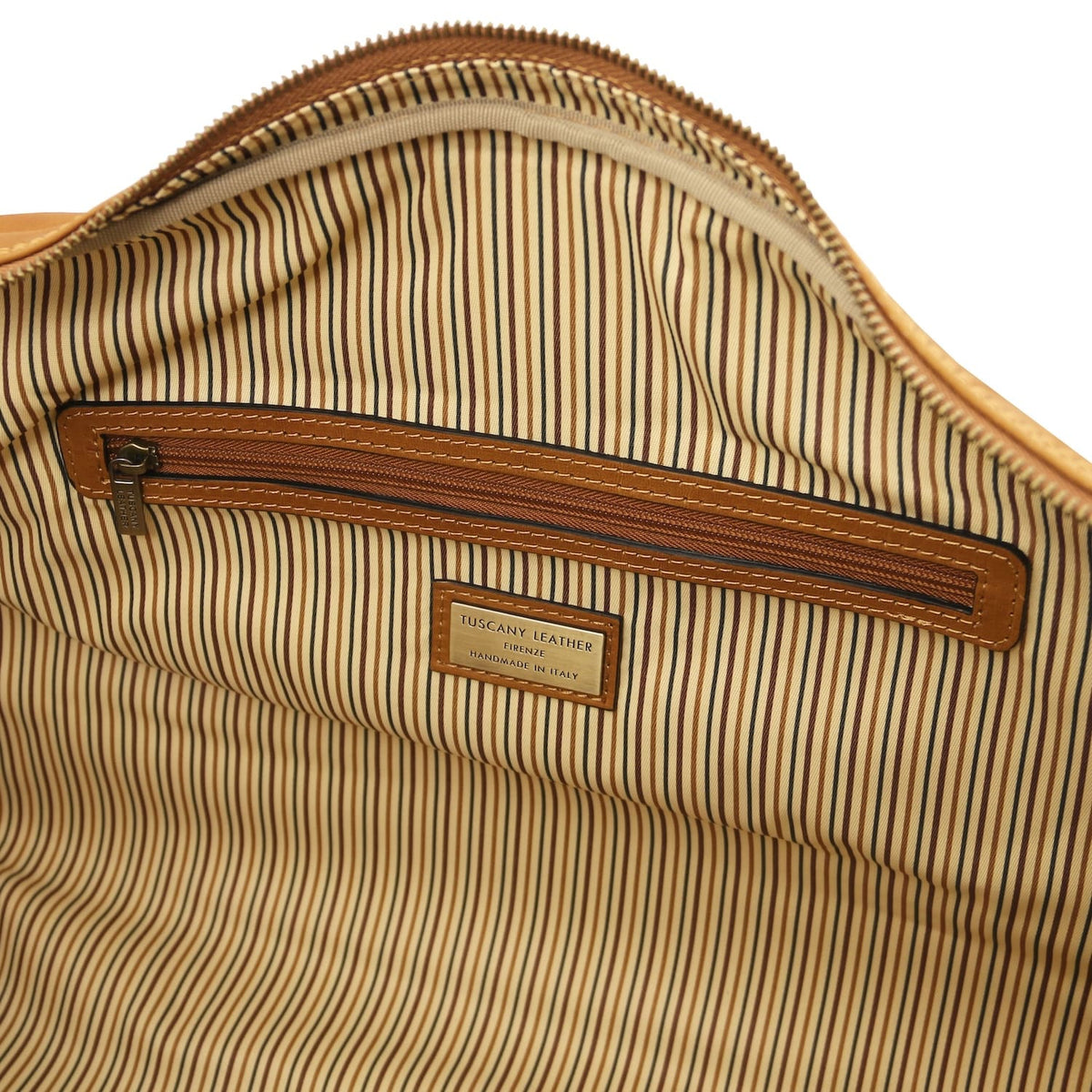 Lisbona large travel leather duffle interior with cognac striped lining and poche zippée