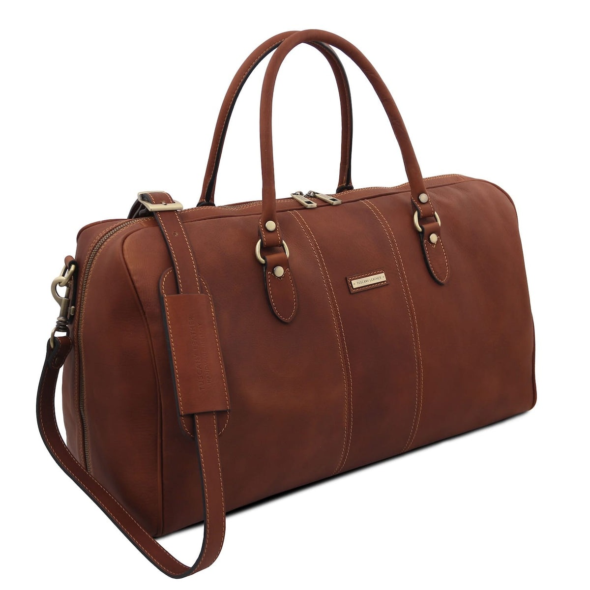 Lisbona large travel leather duffle bag in brown with deux poignées supérieures and bandoulière amovible vue de face