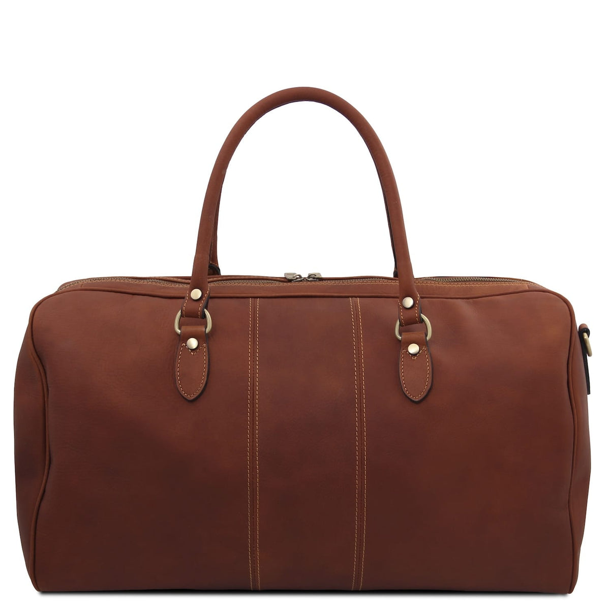 Vue de face du grand sac de voyage Lisbona en cuir brun riche avec deux poignées et détails couleur laiton