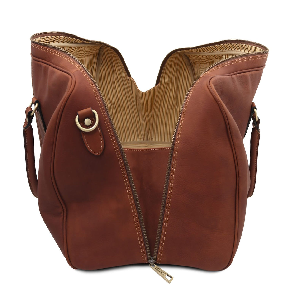 Vue intérieure of brown leather duffle with striped doublure beige and poche zippée.