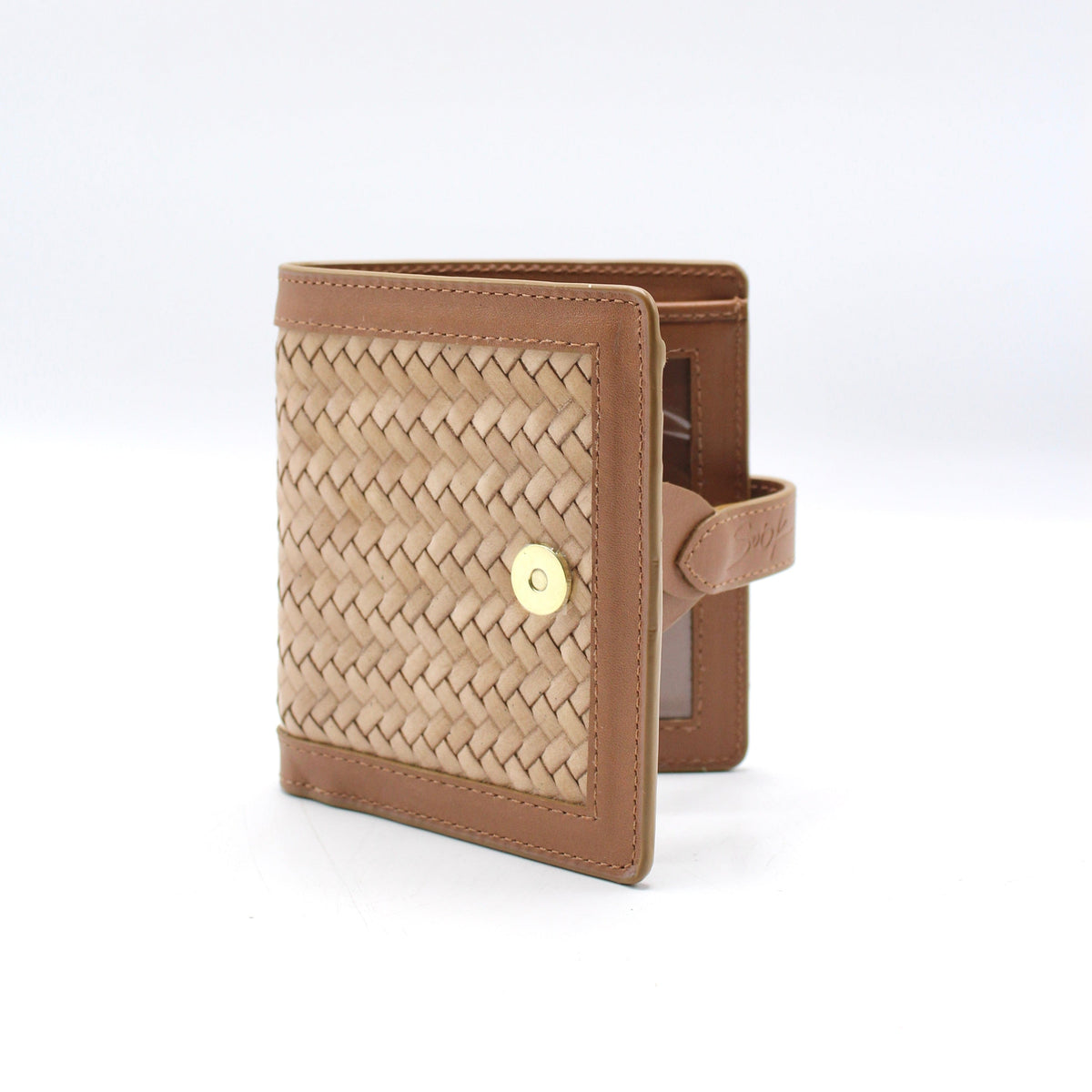 Lumi - Hewoven Leather Wallet | Marrone & Taupe featuring woven leather con smooth marrone leather trim e a gold-tone snap closure.