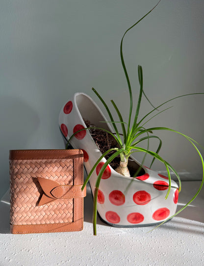 Lumi - Hewoven Leather Wallet | Marrone & Taupe displayed next to a ceramic planter con rosso polka dots e a verde plant inside.