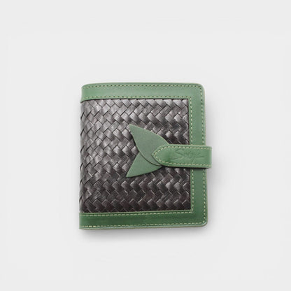 Lumi - Handwoven Leather Wallet | Vert&Dark Café featuring woven dark coffee leather with green leather trim and tab closure detail.