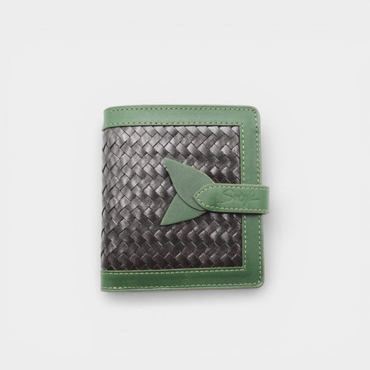 Lumi - Handwoven Leather Wallet | Verde&Dark Café featuring woven dark coffee leather with green leather trim and tab closure detail.