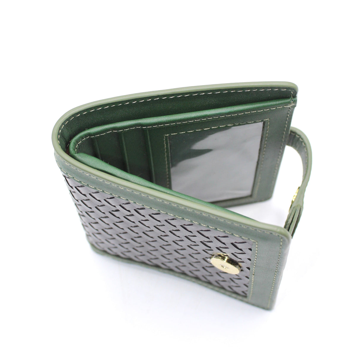 Lumi - Handwoven Leather Wallet | Vert&Dark Café with woven leather exterior, multiple card slots, and a clear ID window inside.