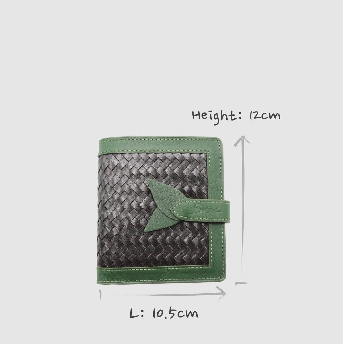 Lumi - Handwoven Leather Wallet | Vert&Dark Café featuring woven dark coffee leather with green leather trim and a leaf-shaped clasp detail.