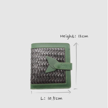 Lumi - Handwoven Leather Wallet | Vert&Dark Café featuring woven dark coffee leather with green leather trim and a leaf-shaped clasp detail.