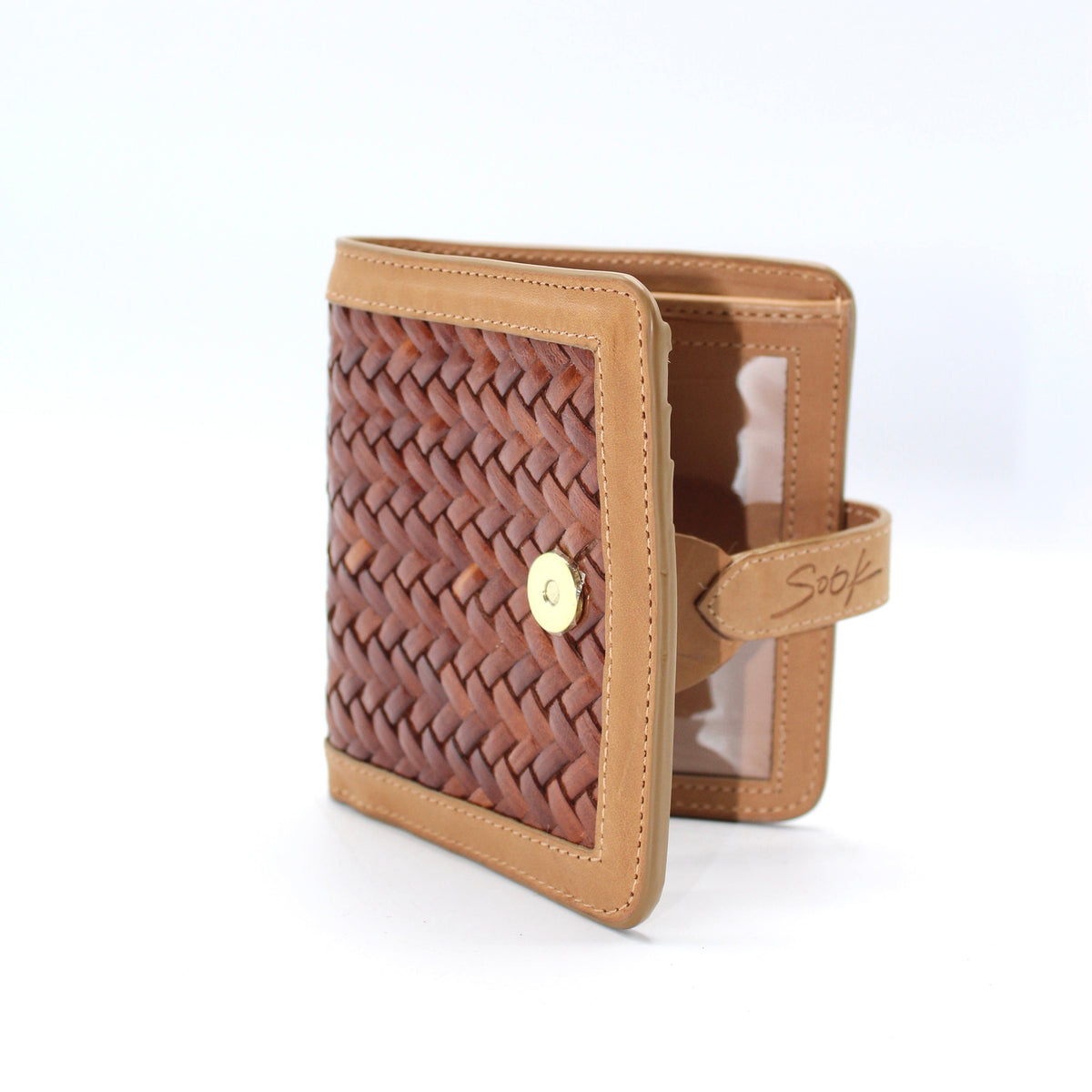 Lumi - Hewoven Leather Wallet | Taupe & Caffè showing woven leather front con taupe leather trim e clear ID window inside.