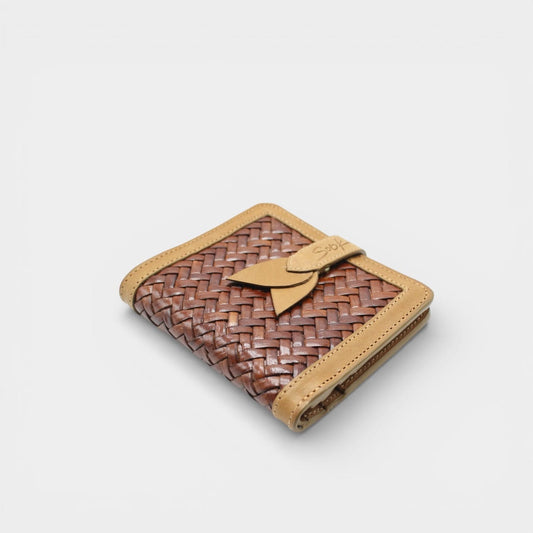 Lumi - Handwoven Leather Wallet | Taupe & Café featuring woven coffee leather with smooth taupe trim and decorative tab closure on plain surface.