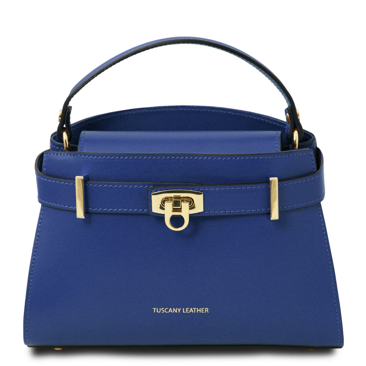 Blue top handle handbag with gold accents on a white background